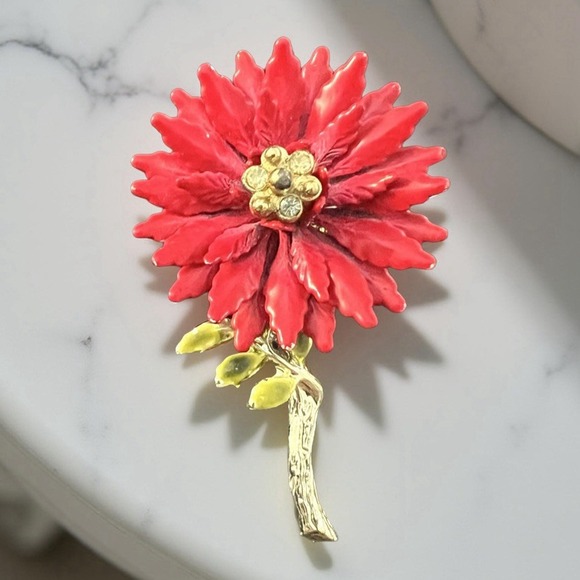 Vintage Red Enamel Rhinestone Gold Toned Flower Brooch Pin 1960's MCM Retro 2" - Picture 1 of 13